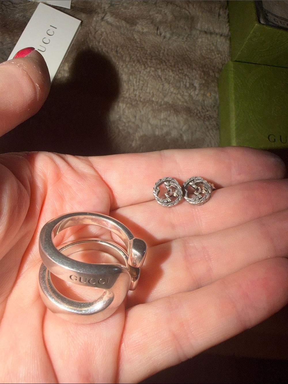 Gucci Bundle Interlocking GG Laurel Stud Earrings and Gucci horsebit ring.